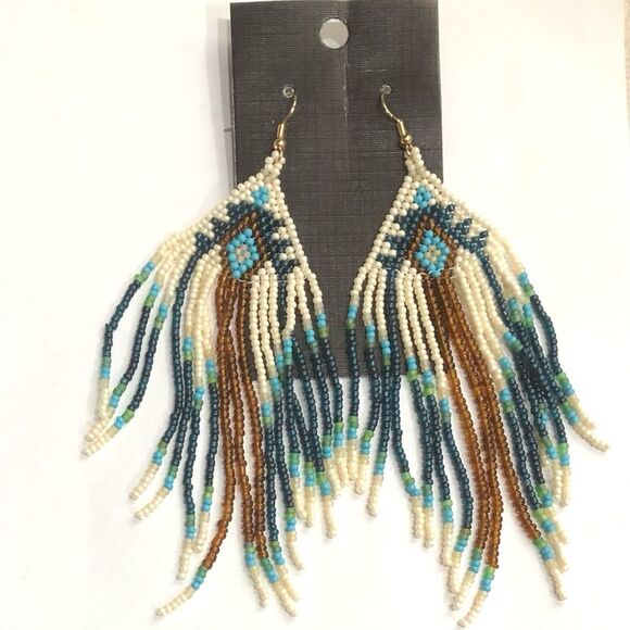Boho Native American Blue Turquoise Beaded 4.5” Long Dangle Earrings (a)126 - Picture 2 of 8